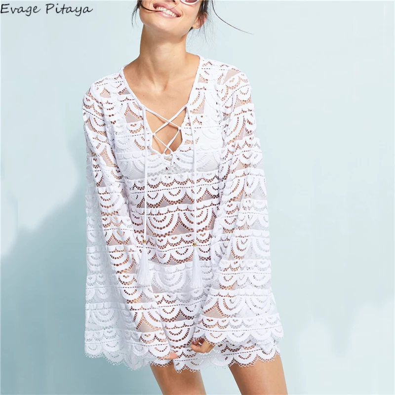 

Sexy Lace Wave Pattern Pool Party Dress Swim Cover Up Sheer Tunic Women Summer Beach Wear Mini Dress Bikini Cover-up Plage