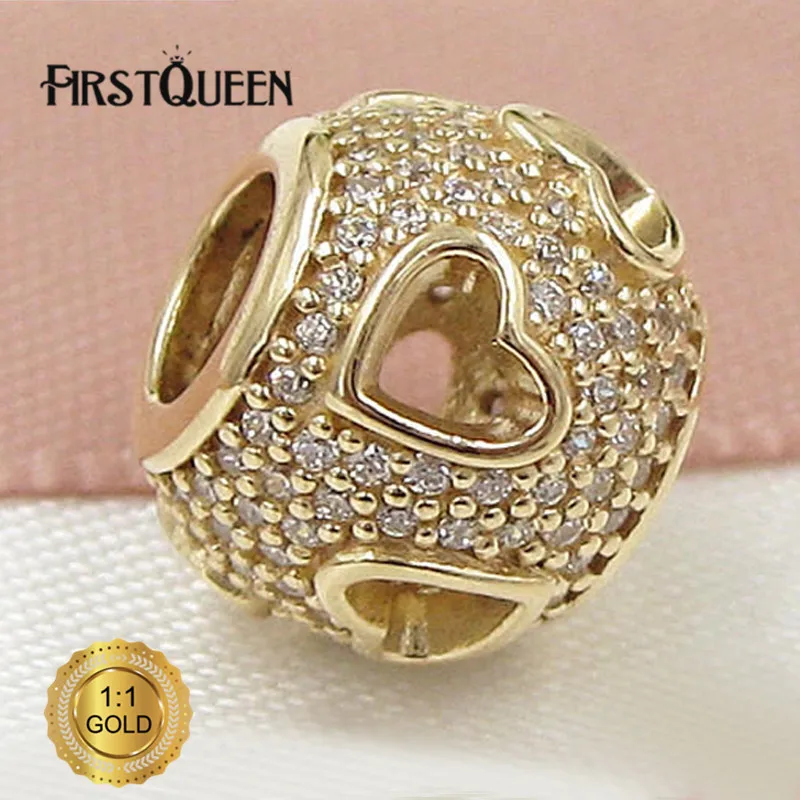 

FirstQueen Charm Tumbling Hearts in 14K Gold with Clear Cubic Zircon Fit Original European Bracelet Authentic Fine Jewelry