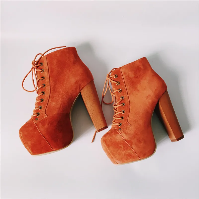 Женские зимние ботильоны на платформе; модные замшевые ботинки на не сужающемся книзу массивном высоком каблуке 12 см; Botas Mujer; женские ботинки-гладиаторы на шнуровке; zapatos mujer