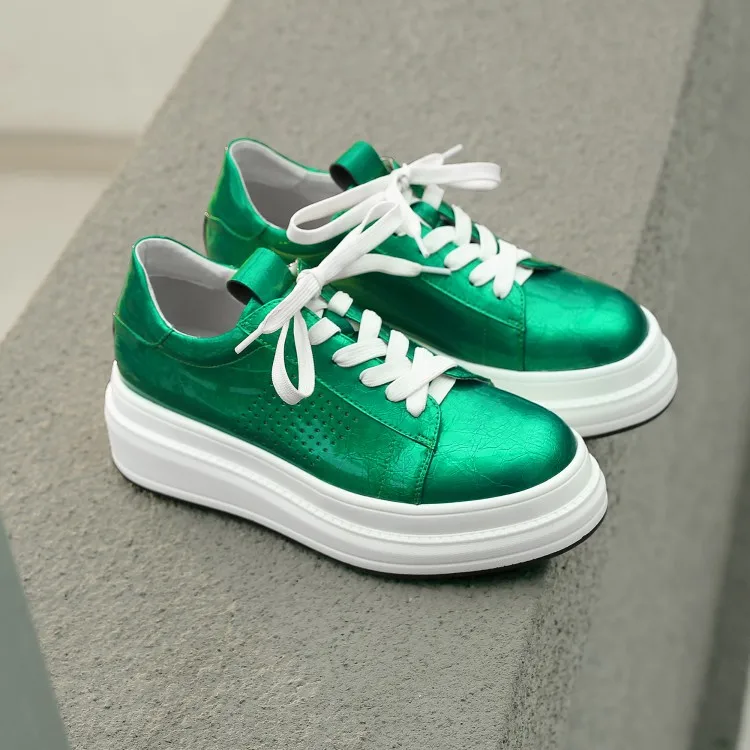 

MLJUESE 2020 fashion sneakers patent leather green color lace up autumn spring Vulcanize Shoes platform sneakers size 34-40