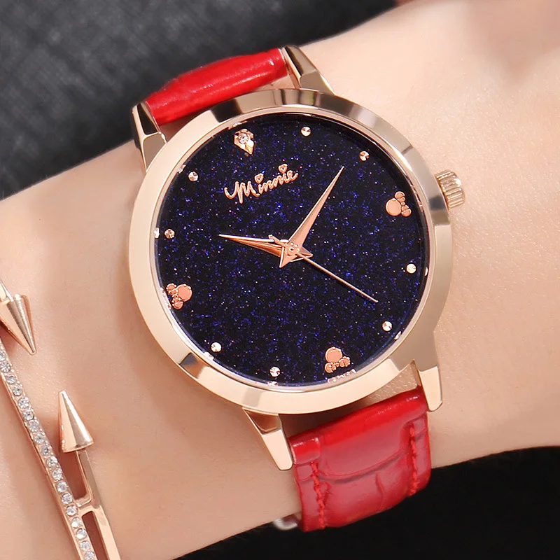 

Disney Watches Women Fashion Watch Luxury Brand Quartz Ladies Watch Star Sky Leather Strap Fashion Mickey Shape Rhinestone