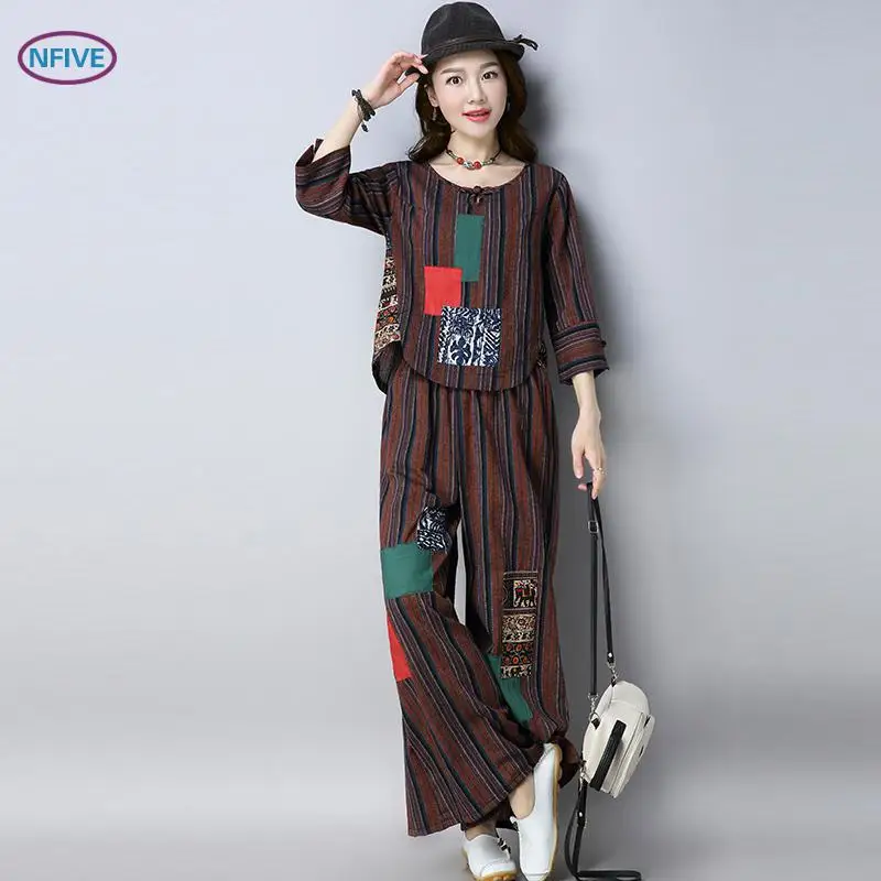NFIVE Brand 2018 Women Thin Loose Suits New Fashion Summer Stripe Two