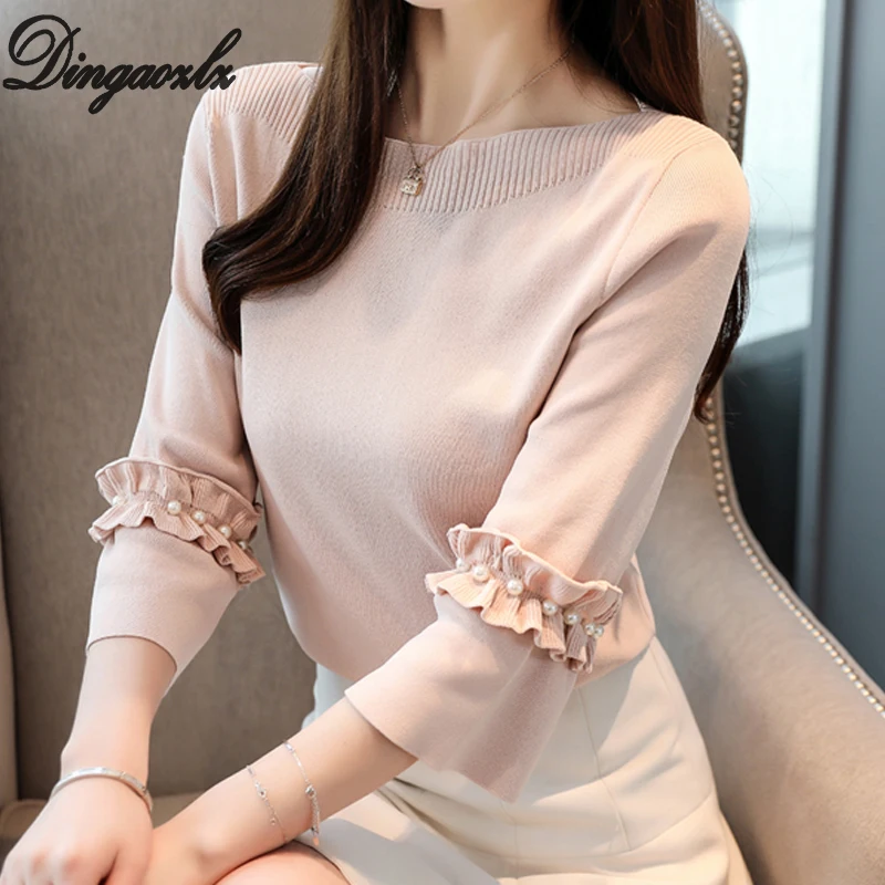 

Dingaozlz elegant female beading stitching sweater tops fashion solid color women shirt sweater pullover