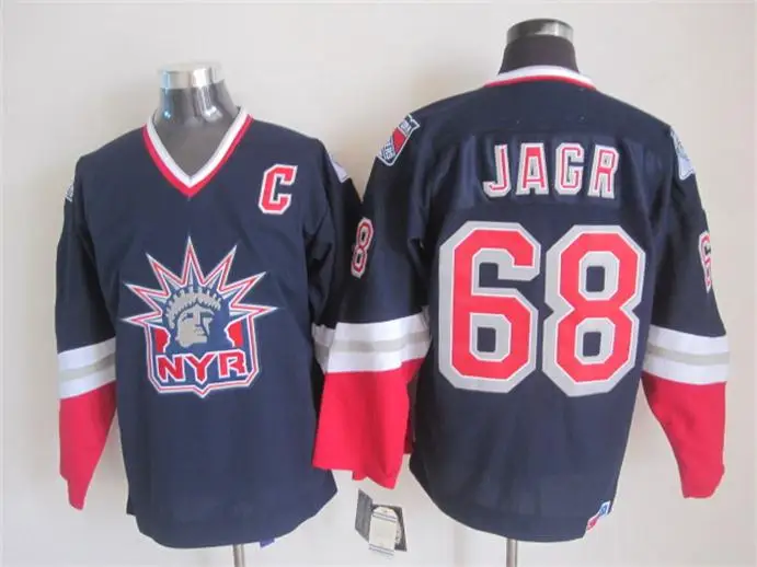 

68 Jaromir Jagr NEW YORK Lady Liberty WHITE BLUE HOCKEY JERSEY Embroidery Stitched Customize any number and name