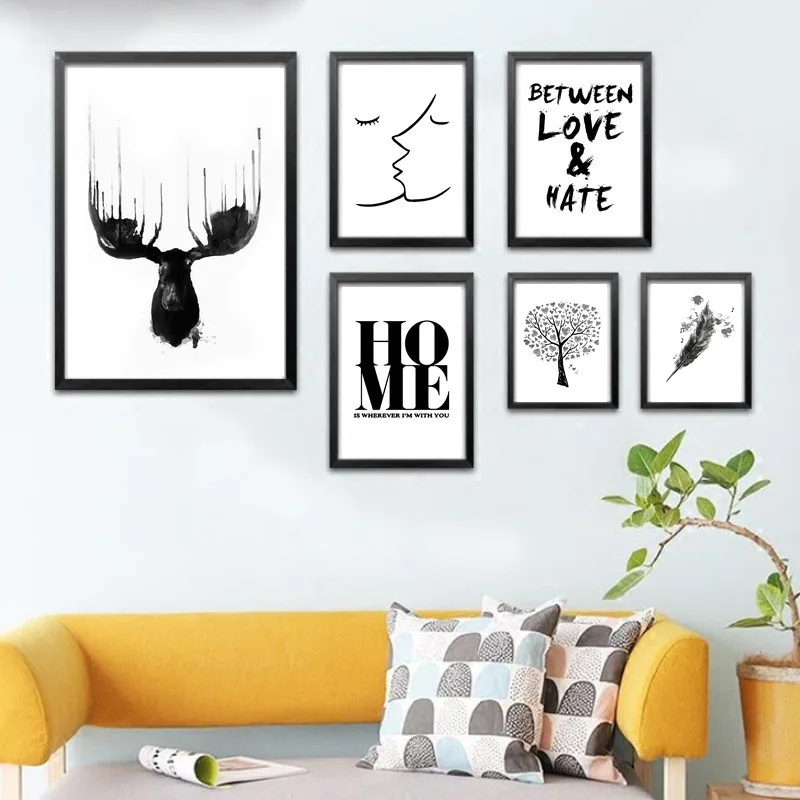 

Nordic Minimalist Black White Abstract Lovers Kiss Art Canvas Painting Prints Qoutes Posters Modern Home Decor,No Frame LP0106