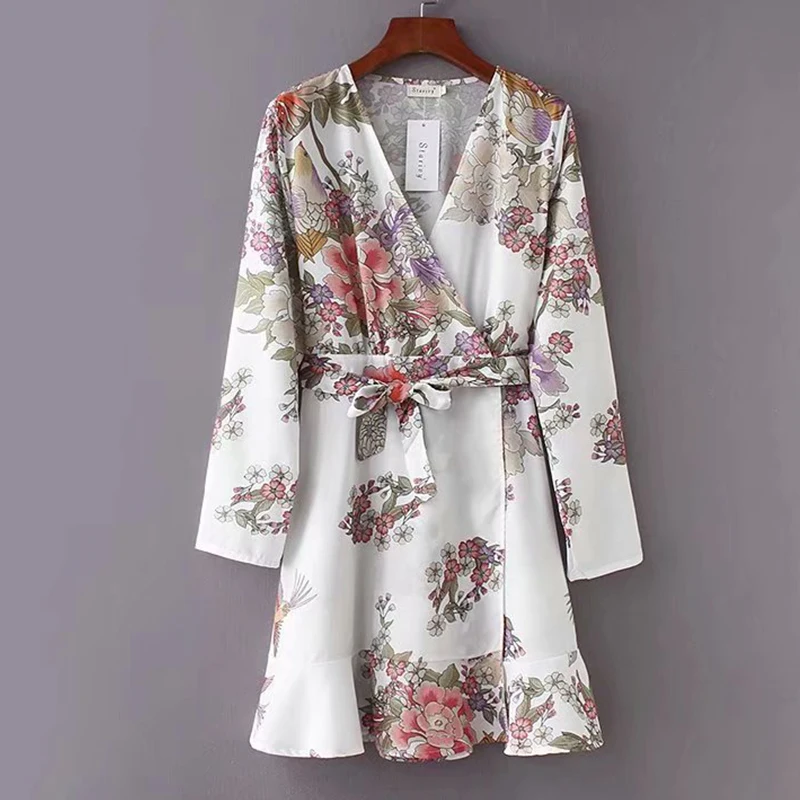 

Dress Womens Summer 2019 Street Sexy Trend Flower Print Wrap Belt V-Neck Dresses Bohemian Beach Holiday Party Formal Dress