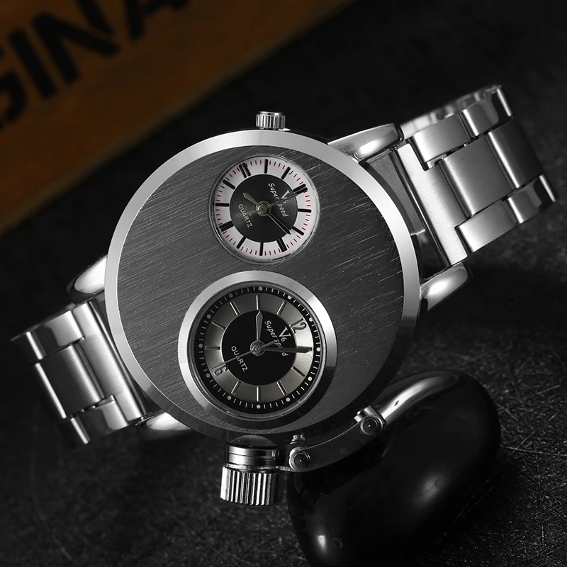 V6 часы с двумя часовыми поясами из серебристой стали Мужские Спортивные кварцевые часы Уникальный роскошный дизайн мужские повседневные наручные часы relogio masculino