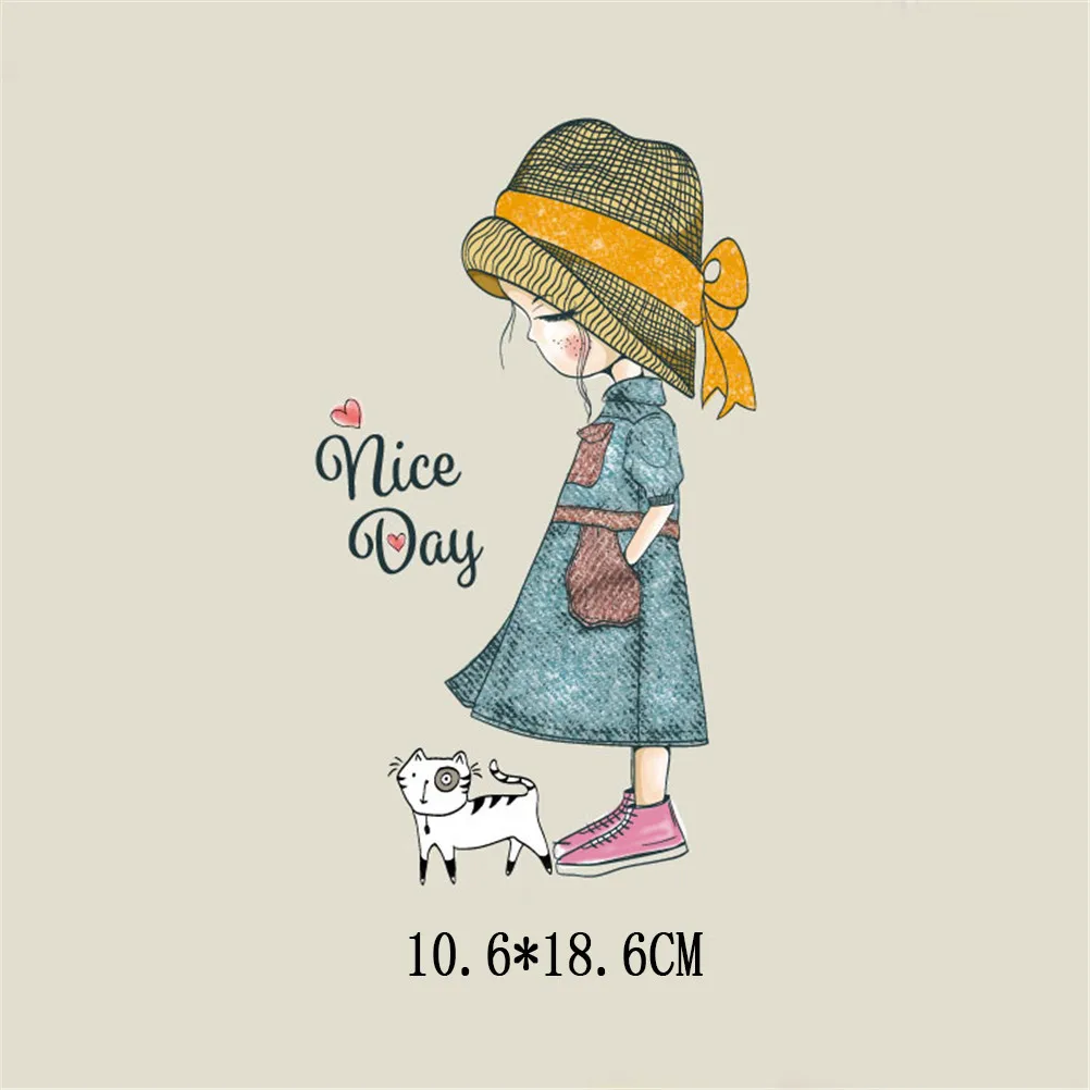 1pc Lovely girl Heat Transfer NICE DAY Patch Ironing Stickers Iron On Patches A-plus Washable Appliques 10.6*18.6cm | Дом и сад