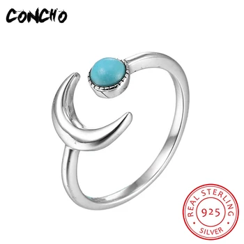 

2018 Real New Arrival Trendy Bands Turquoise Party Anel Feminino Concho Jewelry 925 Sterling Moon Rings For Women