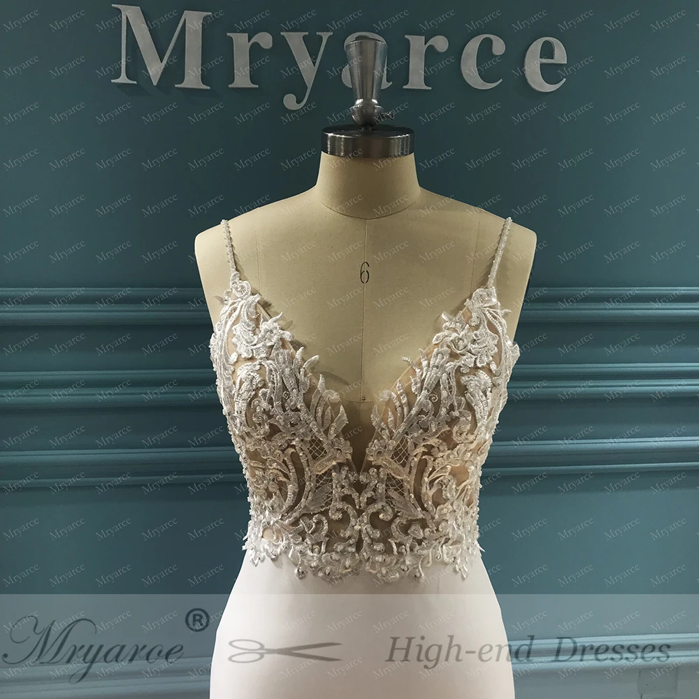 Mryarce Unique Bridal Lace Beading Open Back Overskirt Wedding Dresses Sienna Crepe Mermaid Gown With Detachable Train wedding gown