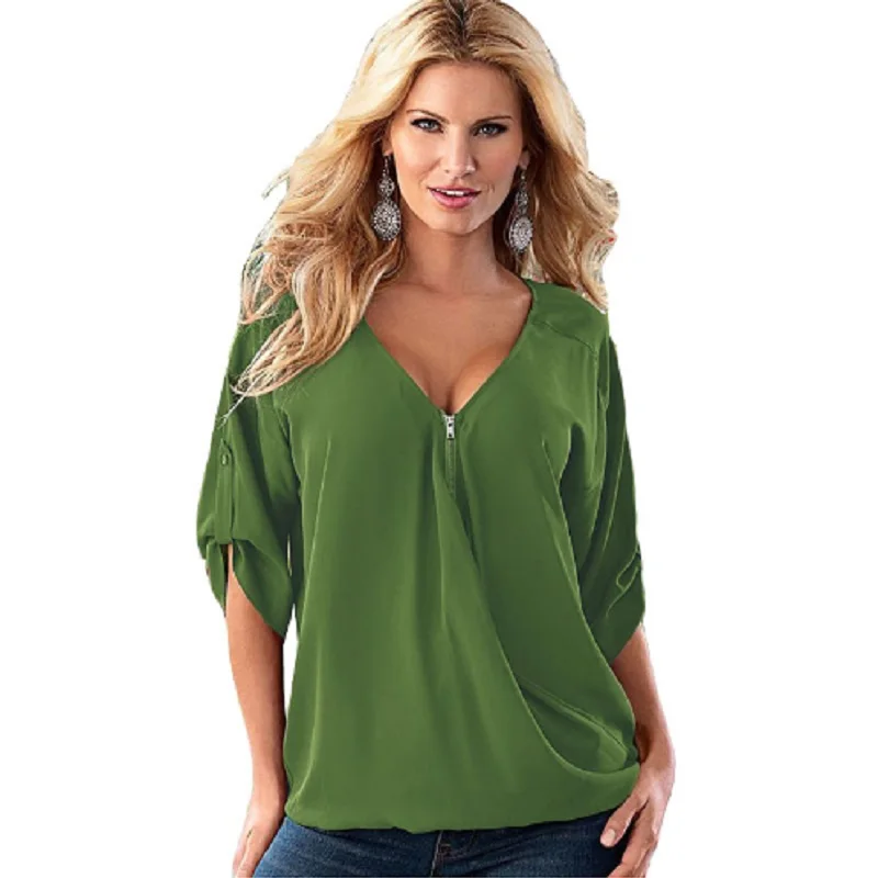 

Large Size 5XL Women Chiffon Blouse V Neck Zipper Half Sleeves Loose Shirt Blusa Feminina Summer Ladies Tank Vest Tops