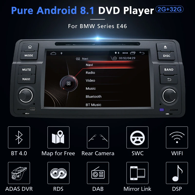 Flash Deal Junsun 7" Navigation WIFI Android 8.1 2+32GB Car Multimedia Player GPS Navi Auto DVD Radio for BMW E46 M3 Rover 75 MG ZT 1