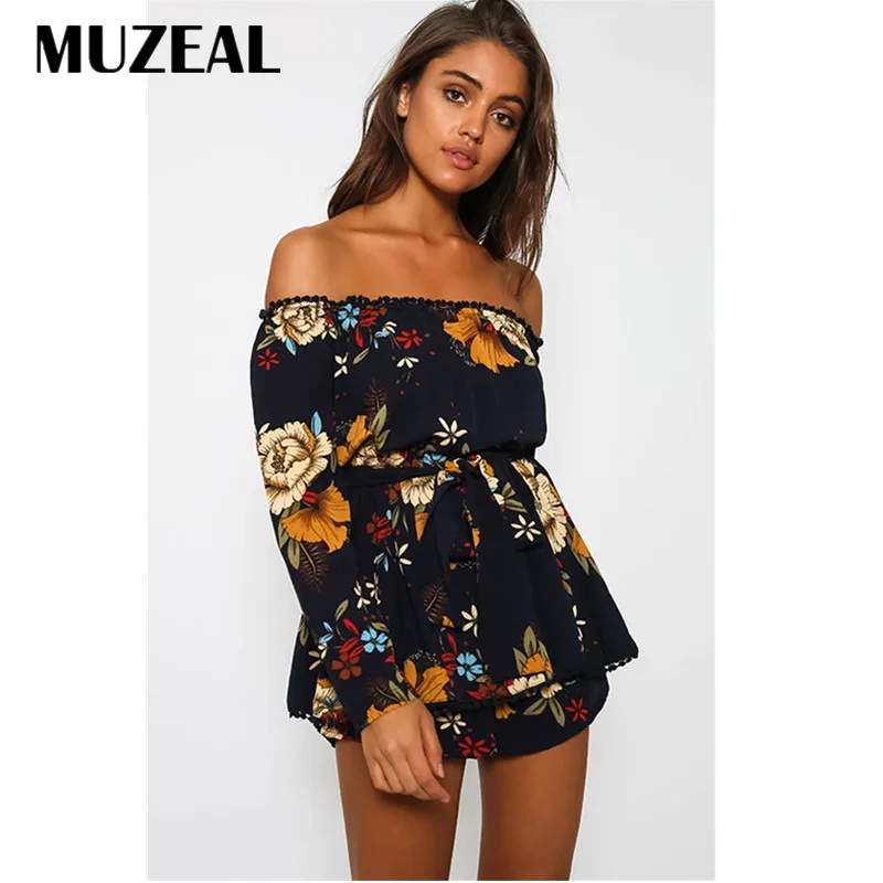 MUZEAL Slash neck Woman Short Jumpsuits Off Shoulder Long Sleeve Waist