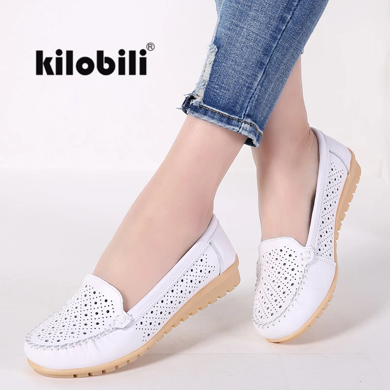 Kilobili/женские кожаные лоферы без застежки Женская дышащая Летняя обувь с вырезами