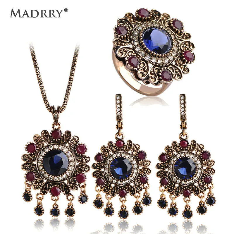 

Sculpture Flowers Turkish Jewelry Sets Necklace & Earrings & Ring Simulated Resin Full Crystals Antique Gold color Women's Love