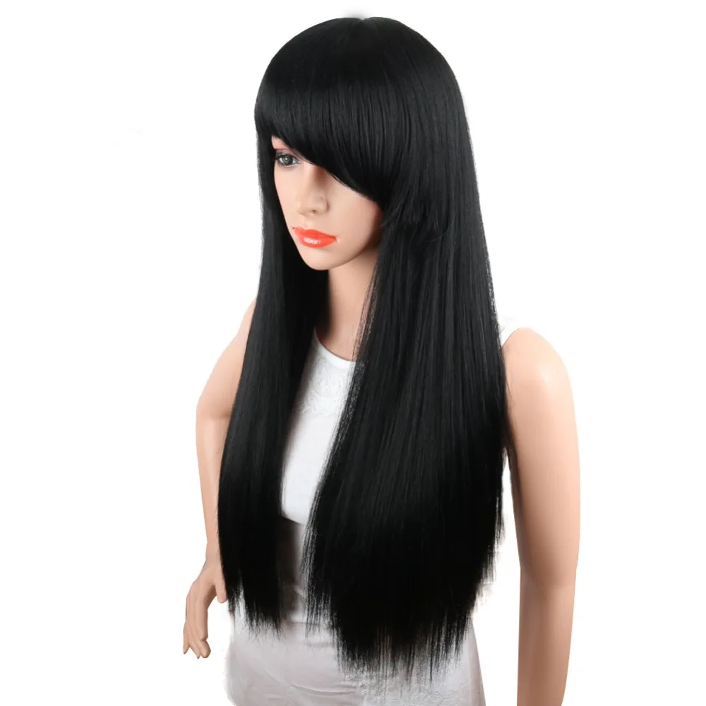 Deyngs Black Long Yaki Straight Side Wigs with Side Bangs Hairstyle Synthetic Wig for Woman Can Be Curled Wigs Heat Resistant 24Inch (7)