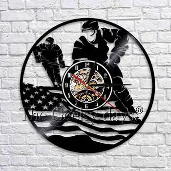 

USA Flag Hockey Player Silhouette Shadow Wall Clock Modern Design Vinyl Record 3D Wall Watch Unique Gift For Hockey Lover