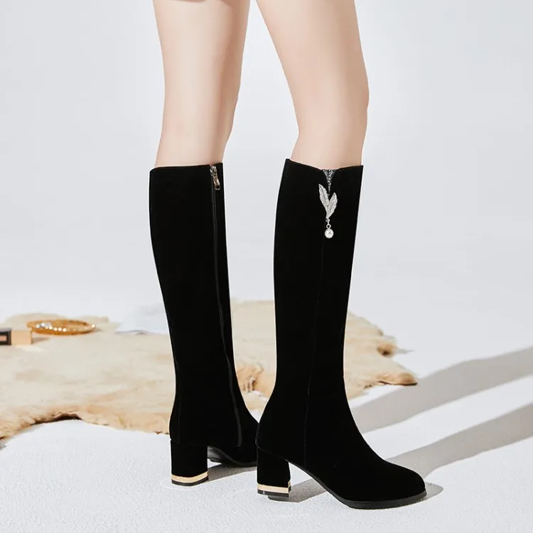 

Big Size 9 10 11 12 Pearl decorative zipper boots with sharp metal thick heel