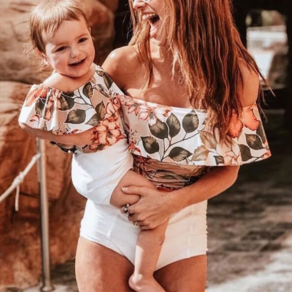 

Mom＆Me Lady High Waist Bikini Ruffles Floral Print Summer Swimwear Swims suit Ruffle Bathing Romper Jumpsuits clothes set