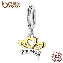 BAMOER Clásica Plata de Ley 925 Corazón de Princesa Alas Corona Colgantes de Los Encantos cupieron Las Pulseras para Las Mujeres Joyería Fina SCC044