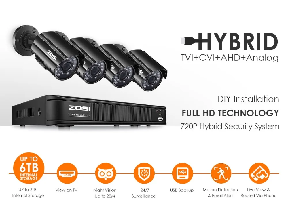 ZOSI 8CH камера безопасности Система HD-TVI 720P видео DVR рекордер с 4x HD 1280TVL 720P Крытый Открытый всепогодный CCTV камера s