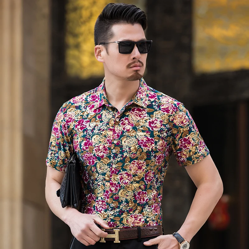 Summer 2018 new arrival male casual flowers printing dress shirts mens short sleeve floral