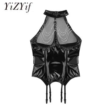 

Women Open Cup Basque Sexy Set Wet Look Patent Leather Halter Neck Backless Fishnet Bust Bustier Corset Top with Suspenders