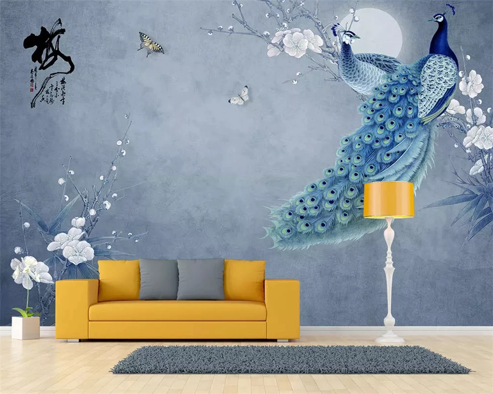 

beibehang papel de parede Custom wallpaper new Chinese painting plum blossom peacock flower bird sofa background papier peint