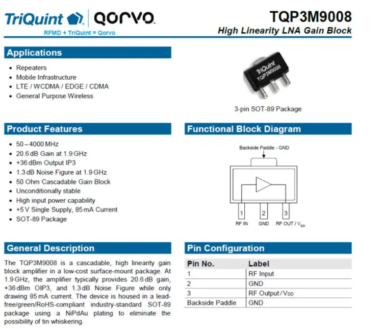 Радиочастота TQP3M9008 noise Factor 1,3 50 MHZ-4 GHZ малошумный усилитель