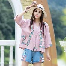 Новая Осенняя футболка из хлопка и льна с вышивкой в национальном стиле