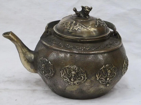 

bi002650 9"unusual Chinese pure Bronze foo dog lion 3 Bat 8 dragon tea - pot statue