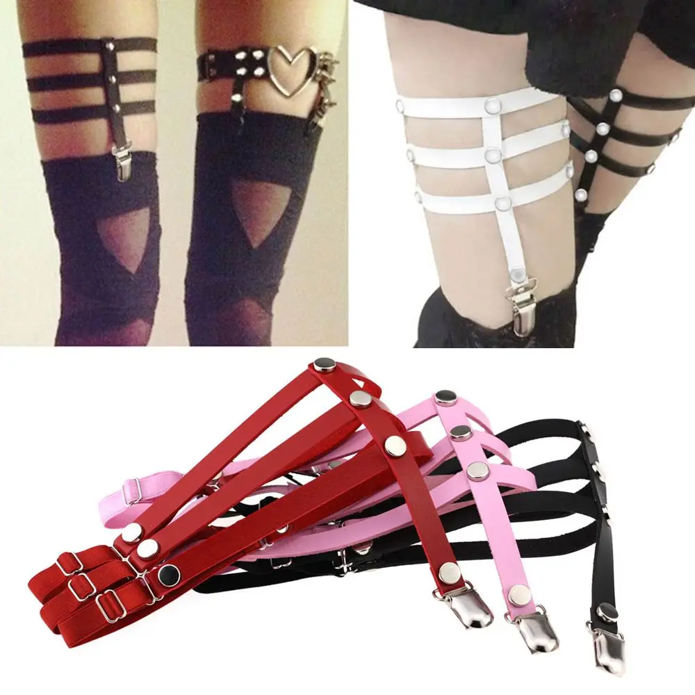 

1 PC Fashion Women Sexy Harajuku Style Adjustable Elastic Garter Belt Suspenders Rivet Leg Ring PU Leather Punk Socks