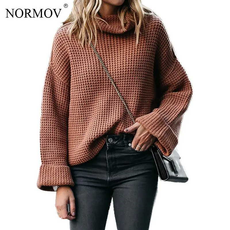 

NORMOV Loose High Collar Sweater Women Long Sleeve Pullover Turtleneck Solid Color Casual New Style Sweater Women Winter 2019