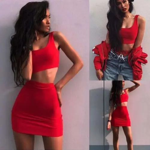 

Fashion New Women 2 Piece Set Dresses Bodycon Chic Red Sexy Sleeveless Crop Top Mini Summer Dress Bandage