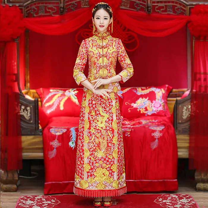 Роскошное древнее Королевское красное китайское свадебное платье, традиционная вышивка невесты, Cheongsam, женские вечерние платья с восточным драконом Фениксом - Цвет: Womens - 2