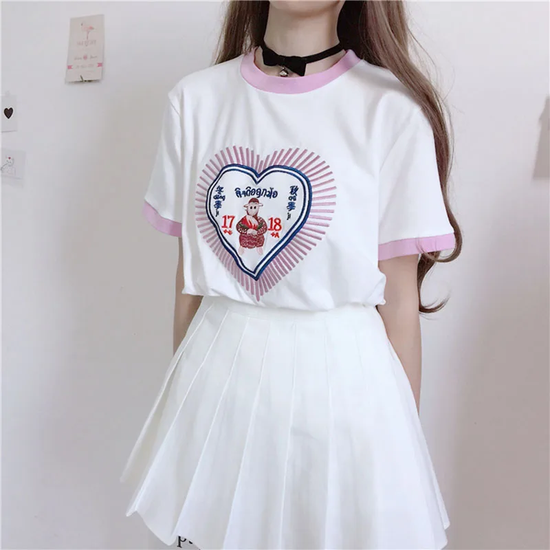 

Harajuku Kpop Kawaii Cartoon Embroidered T-shirt Schoolgirl Summer White Loose Short Sleeve Tee Ulzzang Sweet Women Clothing