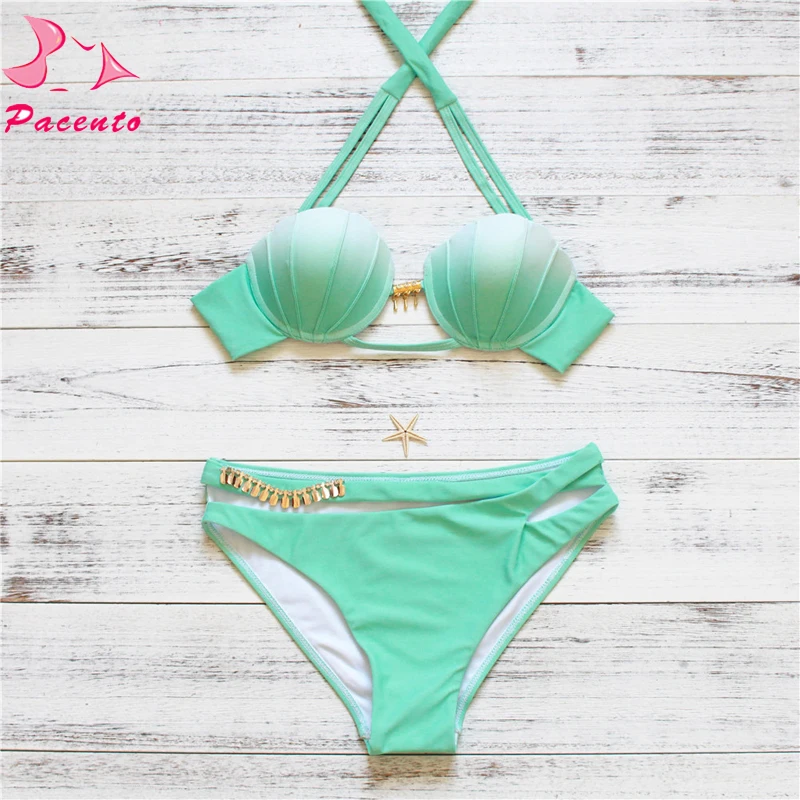 Pacent Shell Swimwear Women Green Sequins Bikini 2017 Brazilian Bikini