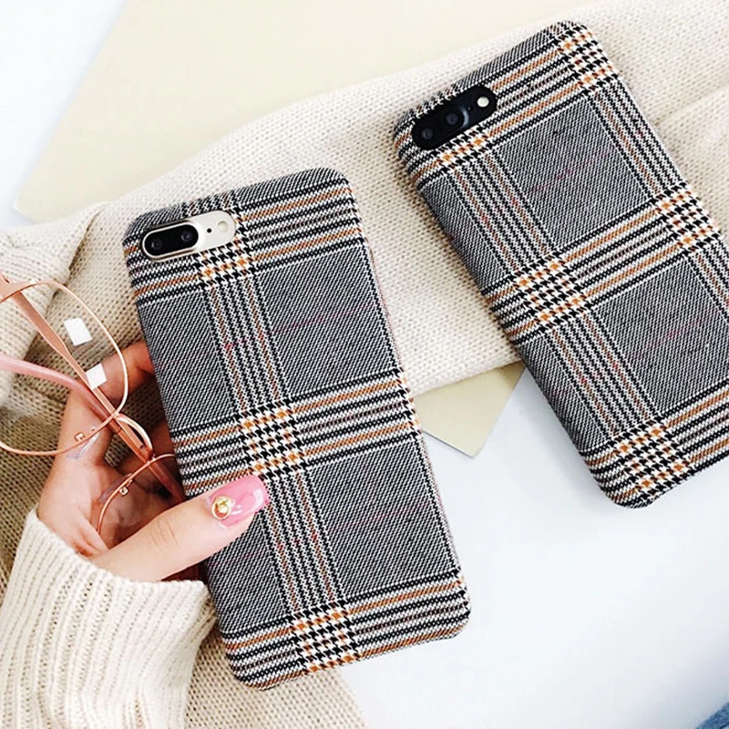 

Stripes Fabric Phone Cases For iPhone X XR XS Max Case 7 8 Plus Cases Grid Cloth Cover For iPhone 6 6S Plus Winter Capa Coque