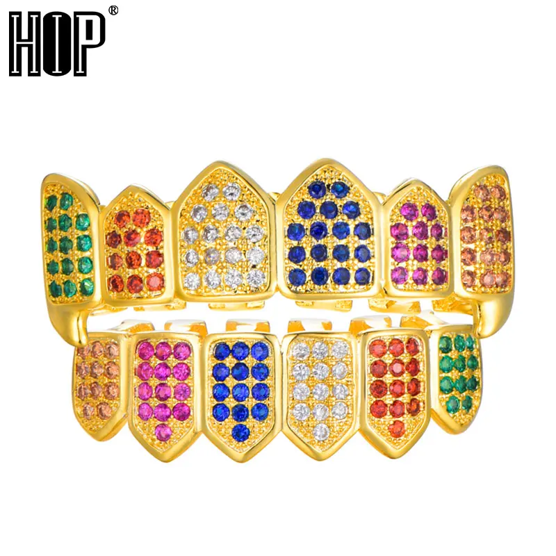 

Hip Hop Bling Multi-Color Fang Teeth Cubic Zirconia TeethGrillz Top & Bottom Clown Grills Set For Men Jewelry Dropshipping