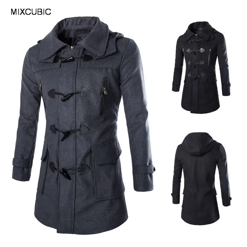 

MIXCUBIC 2017 New Autumn winter England style Unique Horn button woolen jackets for men casual slim hooded wool coats men,M-XXL