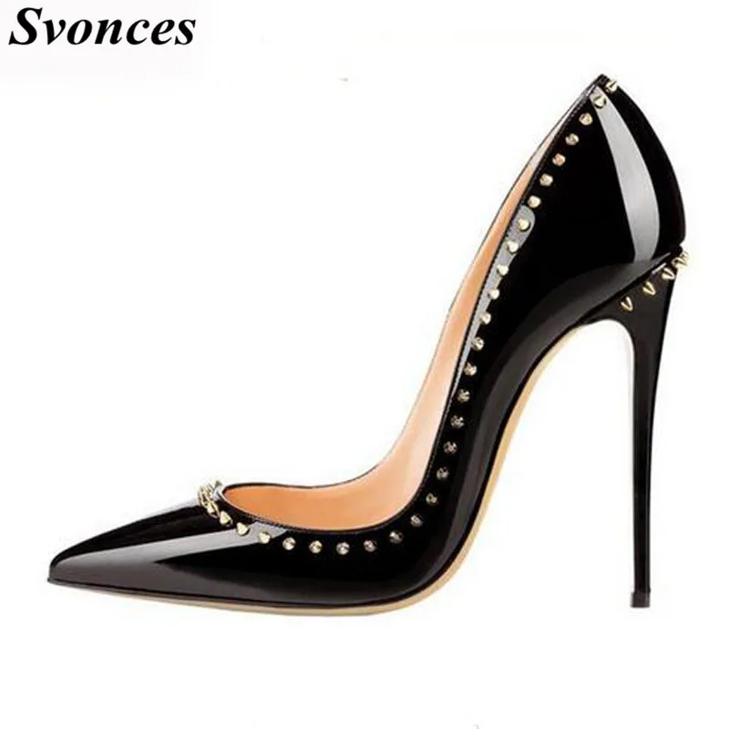 

Mujer Sapato Noiva Latest Studded Black Patent Leather Pumps Ladies Stilettos 12cm Spikes Pointy Toe Wedding Shoes For Women