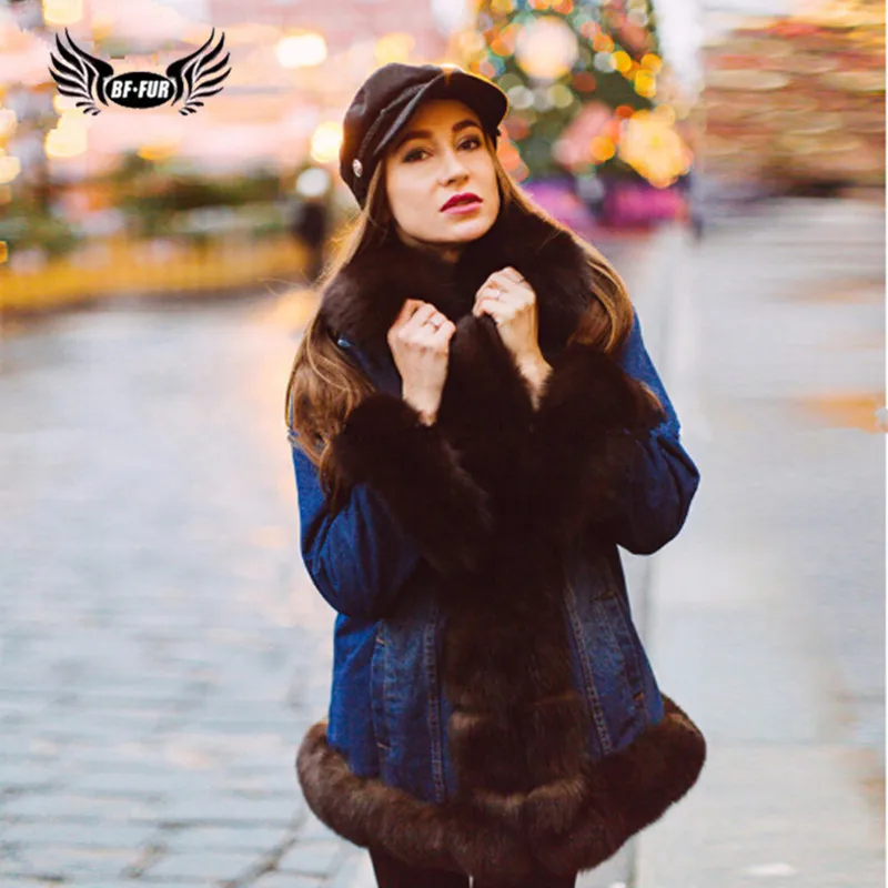 BFFUR 2018 New Arrival Real Fox Fur Coats Women Winter Denim Clothes Fur Collar Casual Jacket Lady Fur Parka Thick Warm Fur Coat Coats
