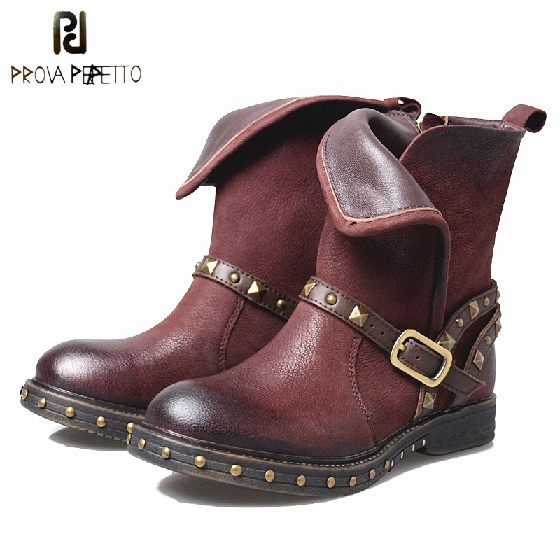 

Prova Perfetto Genuine Leather Winter Boot For Women Low Heel Square Toe Knight Boots Rivet Studded Belt Thick Bottom Women Boot