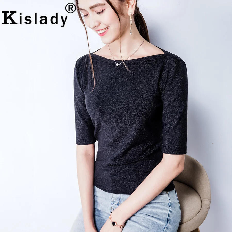 Kislady, блестящая шелковая Сексуальная женская рубашка с вырезом лодочкой, летняя модная Милая рубашка с коротким рукавом, черная, золотая, элегантная, однотонная, женская футболка