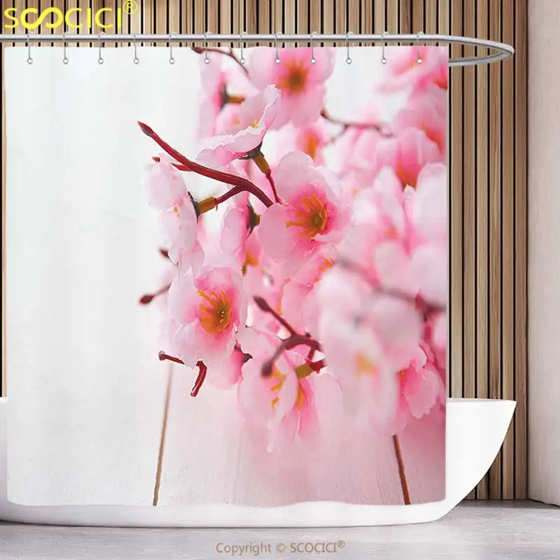 

Fun Shower Curtain Floral Cherry Blossom Petals Spring Season Florets in Soft Pastel Tones Art Print Light Pink White Bathroom