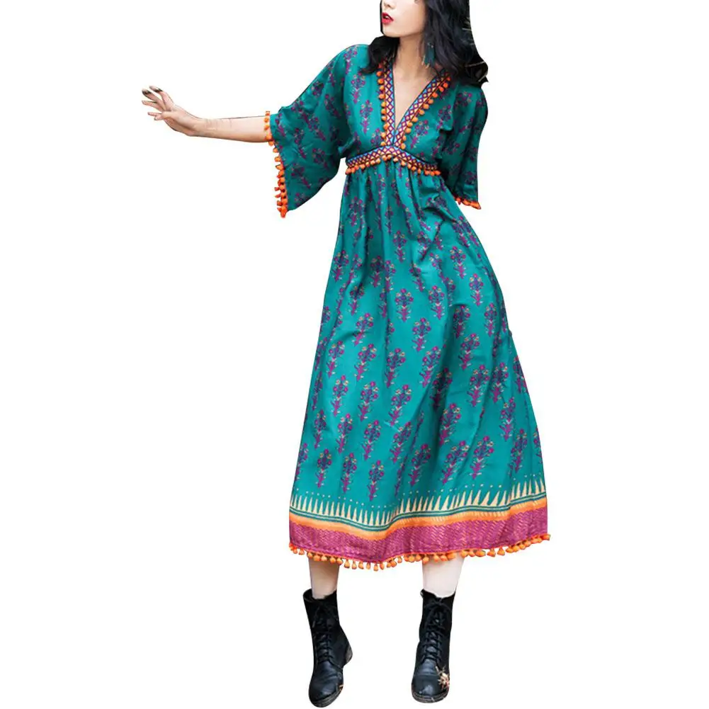 

2019 New Yfashion Women Summer Beach V-neck Retro National Style Long Dress