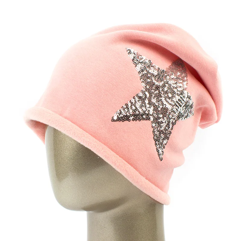 Geebro, женские шапочки со звездами и пайетками, весенние, простые, вязанные, хлопковые, громоздкие, шапочки для женщин, шапка с черепом, Балаклава, шапки для женщин - Цвет: Pink