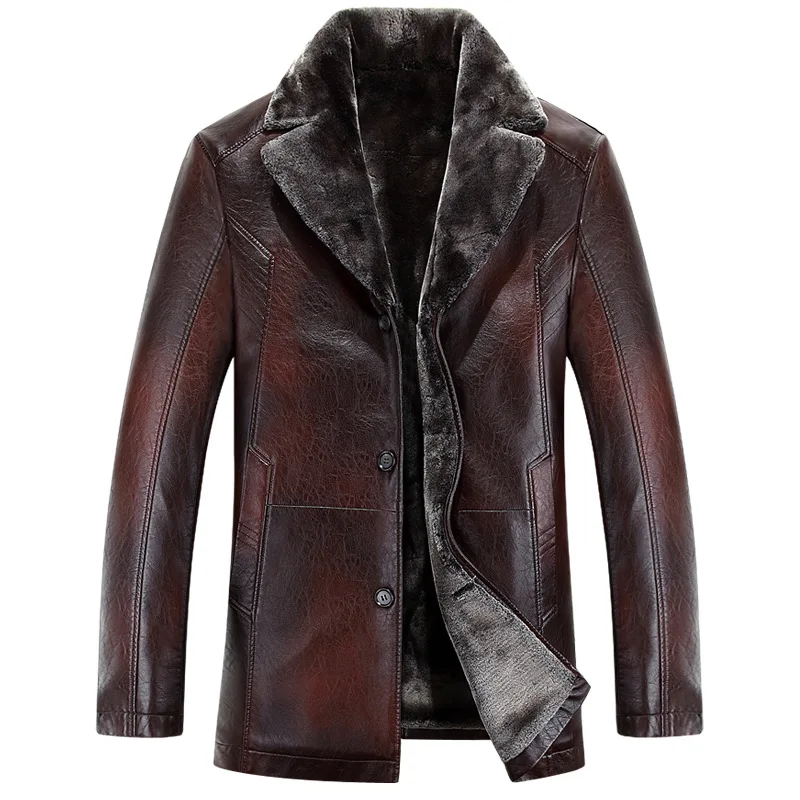 Мужские кожаные куртки, Новое поступление, зимние брендовые плюс бархатные толстые теплые мотоциклетные деловые повседневные мужские кожаные куртки, пальто - Цвет: coffee