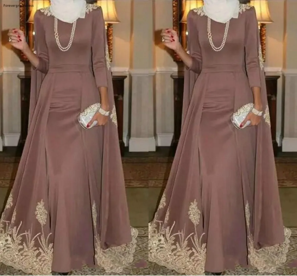 Modest Arabic Muslim Evening Dresses 2018 Gold Appliques A Line High Neck 34 Long Sleeves Women Occasion Formal Gowns High Quality  139