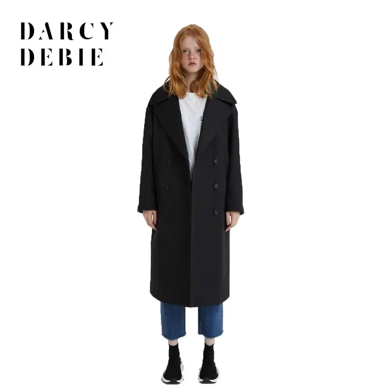 Darcydebie Autumn/Winter Women Fashion Loose Turn-down Collar Double Breasted Plaid Patchwork Lady Long Wool Blends Coat | Женская